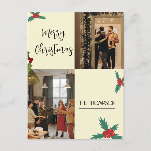 Modern Chic Holly Berries 2 Photo Merry Christmas Holiday Postcard (Front)