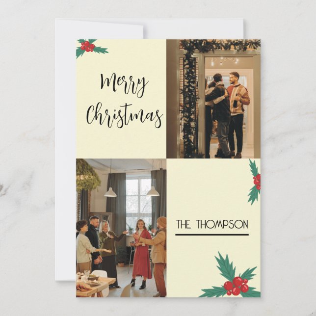 Modern Chic Holly Berries Merry Christmas 2 Photo Holiday Card (Front)
