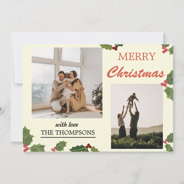 Modern Chic Holly Berries Merry Christmas 2 Photo Holiday Card (Front)