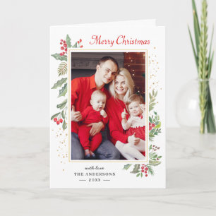 Modern Chic Holly Berries Merry Christmas Photo Holiday Card