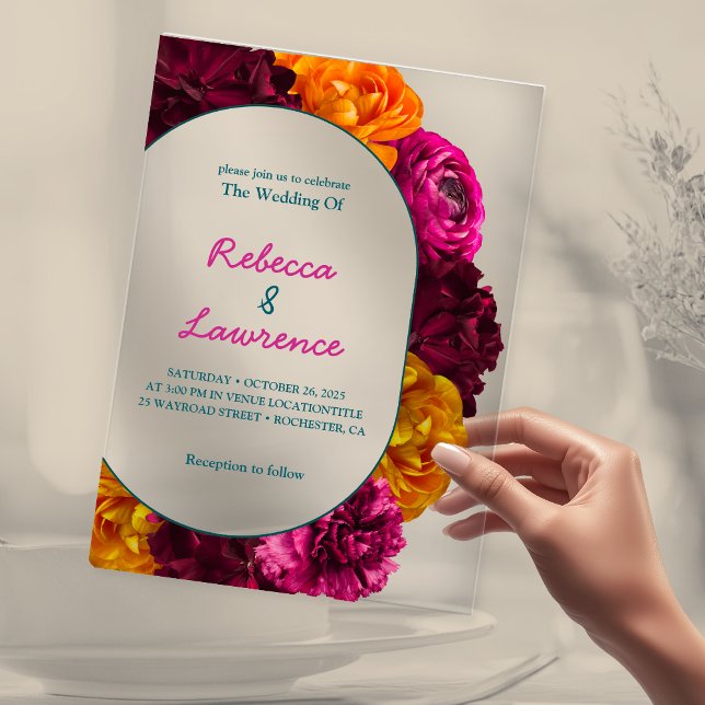 Modern chic hot pink green yellow floral wedding  acrylic invitations (Creator Uploaded)
