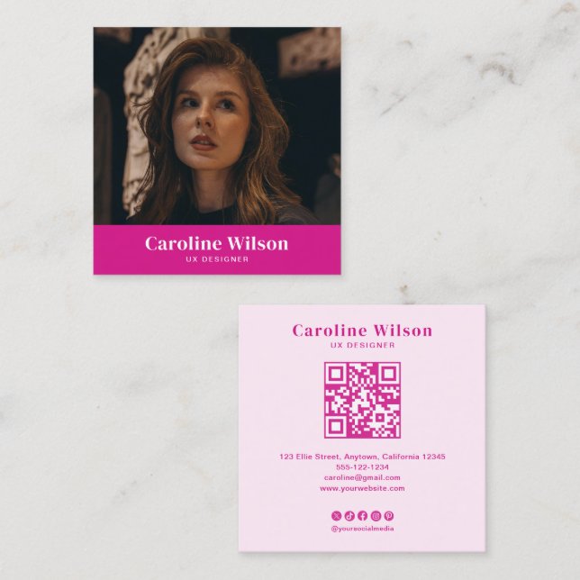 Modern Chic Hot Pink QR Code Photo Girly Square Business Card (Front/Back)