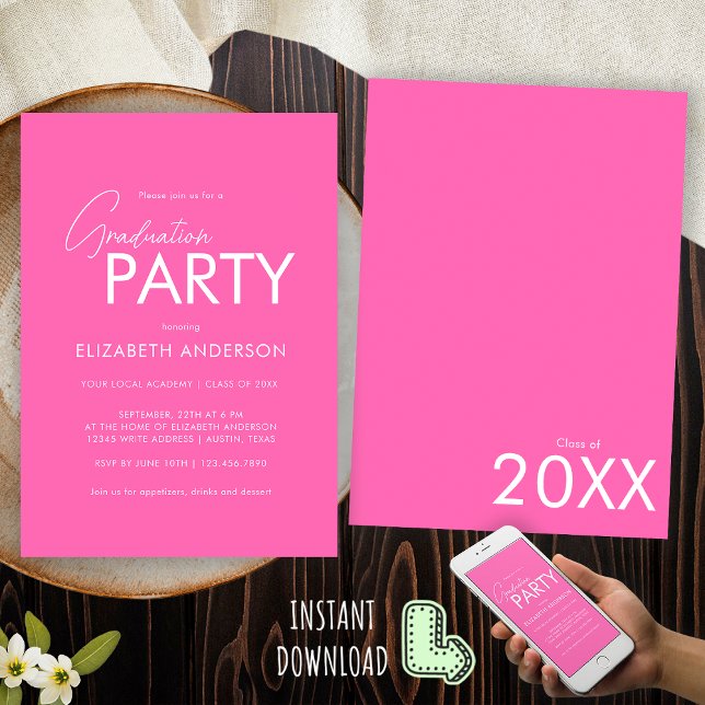 Modern Chic Hot Pink Typography Graduation Party Invitation (Creator Uploaded)