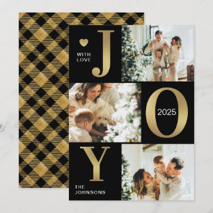 Modern Chic Joy Black Gold Photo Collage Christmas Holiday Card