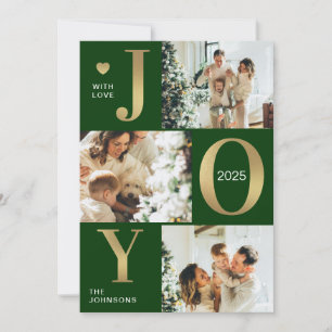Modern Chic Joy Green Gold Photo Collage Christmas Holiday Card