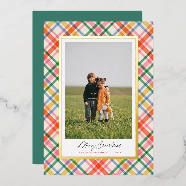 Modern Chic Joyful Plaid Christmas Foil Card (Front/Back)