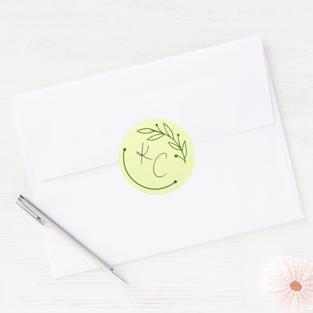 Modern Chic Leaf Monogram Wedding Classic Round Sticker (Envelope)