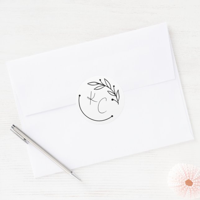 Modern Chic Leaf Monogram Wedding Classic Round Sticker (Envelope)