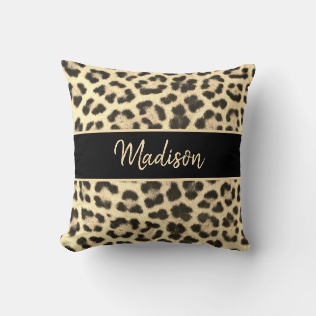 Modern Chic Leopard Print Beige Black Personalised Cushion (Front)