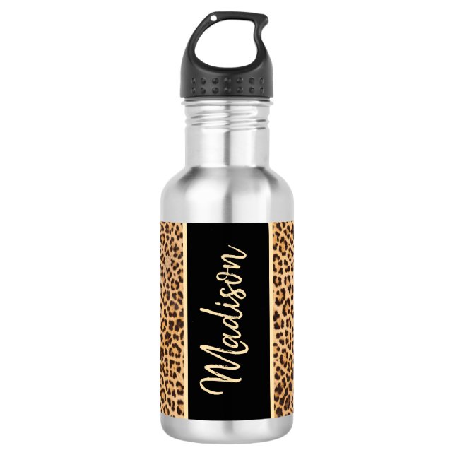 Modern Chic Leopard Print Black Personalised 710 Ml Water Bottle (Front)
