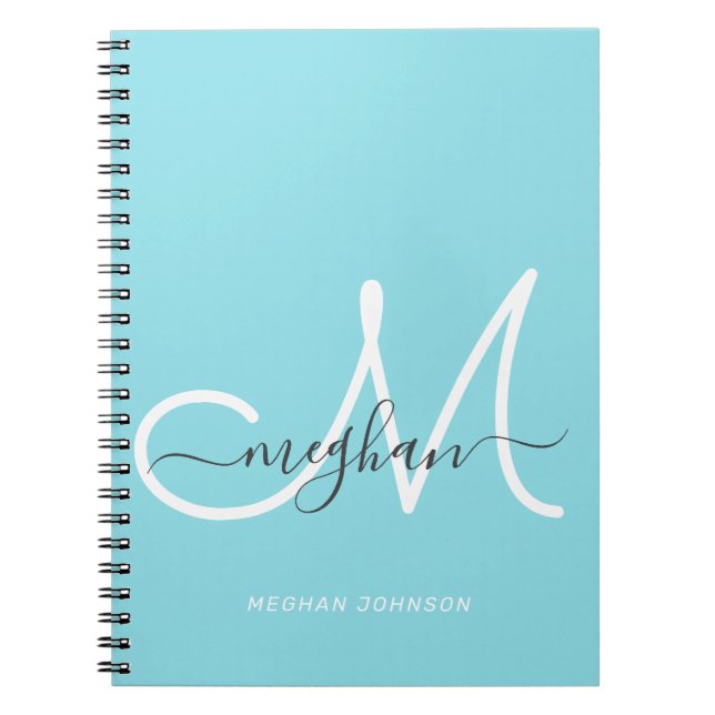 Modern Chic Light Blue White Script Monogrammed Notebook (Front)