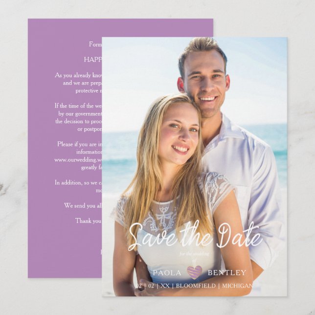 Modern Chic Lilac Heart Photo Couple Wedding (Front/Back)