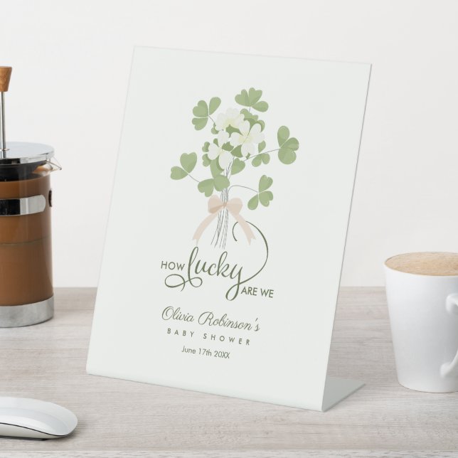 Modern Chic Lucky Shamrock with Bow baby shower Pedestal Sign (In SItu)