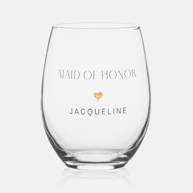Modern Chic Made of Honour Script Gold Heart Name Stemless Wine Glass (Front)