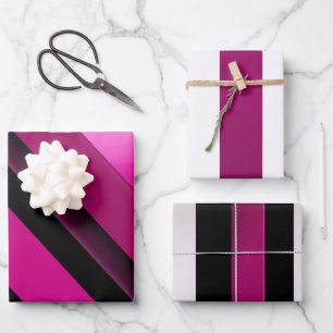Modern Chic Magenta, Black and White Striped  Wrapping Paper Sheet