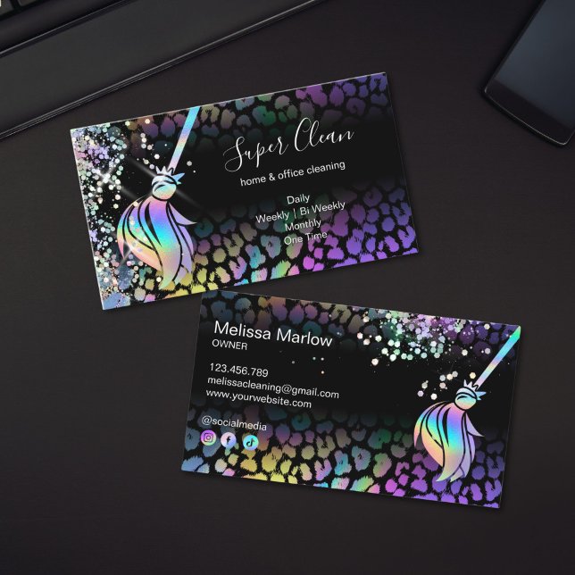 Modern Chic Maid Cleaning House Holograph Leopard Business Card (holographic leopard texture cleaning services business cards)