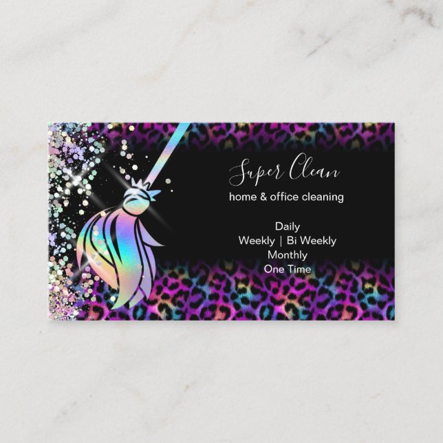Modern Chic Maid Cleaning House Holograph Leopard Business Card (Front)