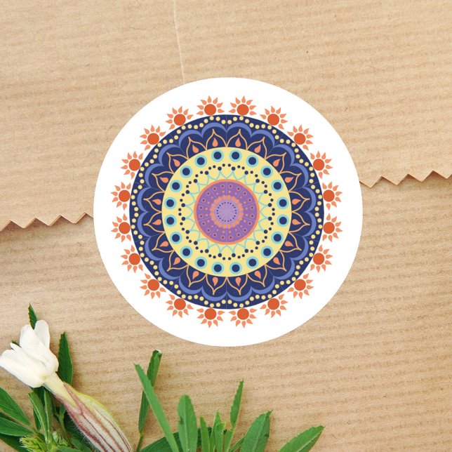 Modern Chic Mandala Minimalist Classic Round Sticker (Colorful Mandala simple sticker)
