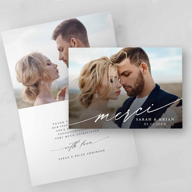 Modern Chic Merci Script 2 Photo Wedding Folded Thank You Card (Front & Inside)