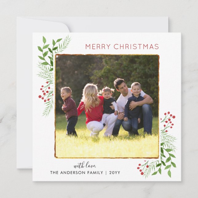 Modern Chic Merry Christmas Leaves Berries Photo Holiday Card (Front)