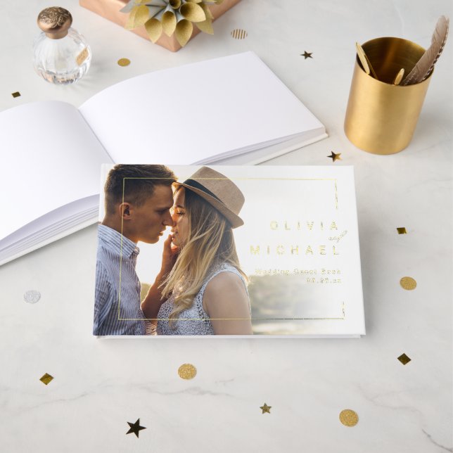 Modern chic minimalist photo wedding guest book (Front Open)