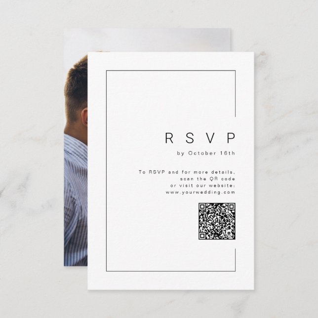 Modern chic minimalist photo wedding QR code RSVP Card (Front/Back)