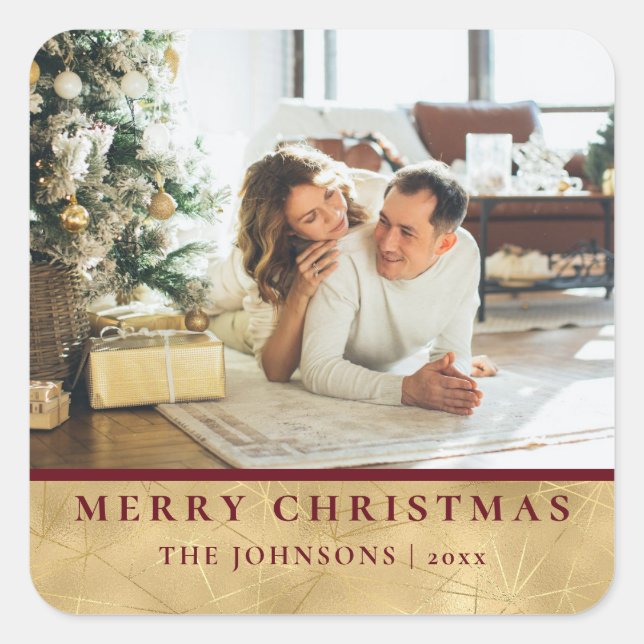 Modern Chic Minimalist Red & Gold Christmas Photo Square Sticker (Front)