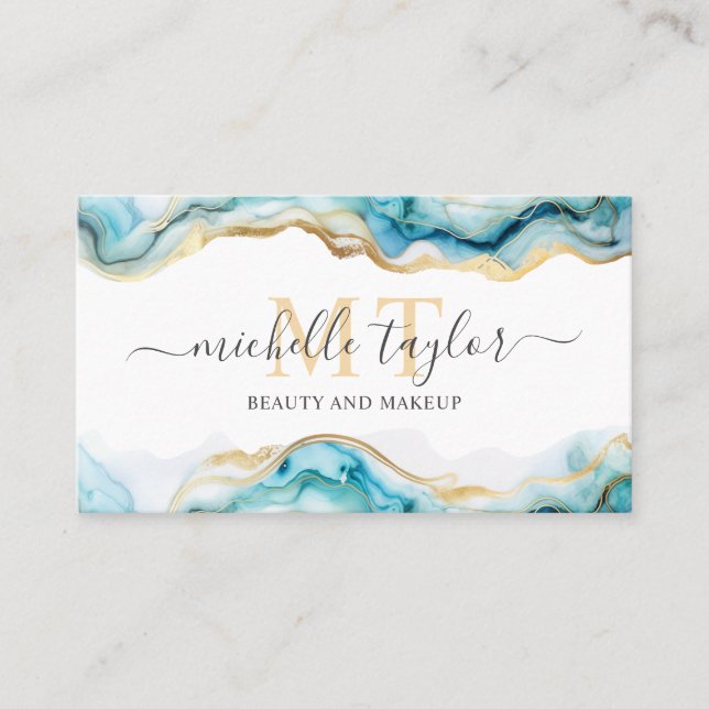 Modern Chic Monogram Blue Gold Beauty Social Media Business Card (Front)