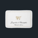 Modern Chic Monogram Names Newlywed Wedding White Bath Mat<br><div class="desc">Modern Chic Monogram Names Newlywed Wedding White Bath Mat. Stylish personalised white and gold monogrammed bath mat. Classic script for the monogrammed last name initial of the couple, the names of the bride and groom and the marriage date on a chic white background. The perfect gift for newly weds, engaged...</div>