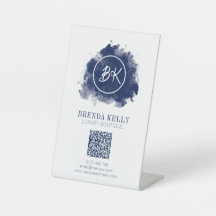 Modern Chic Monogram Navy & White QR Code Business