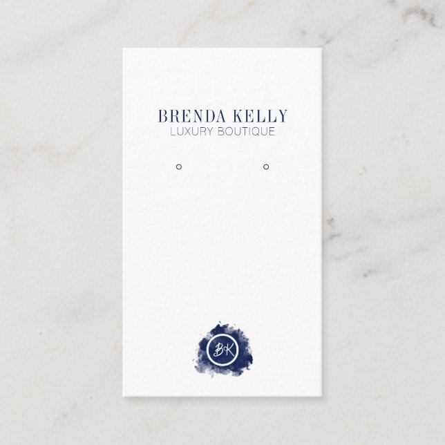 Modern Chic Monogram Navy & White QR Code Earrings Business Card (Front)