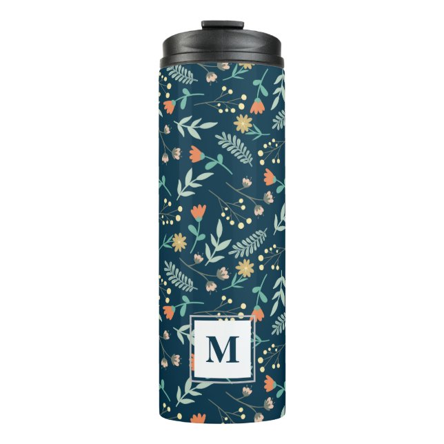 Modern Chic Monogram Teal Floral Gift Thermal Tumbler (Front)