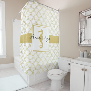 Modern Chic Nautical Pattern Gold Glitter Seahorse Shower Curtain