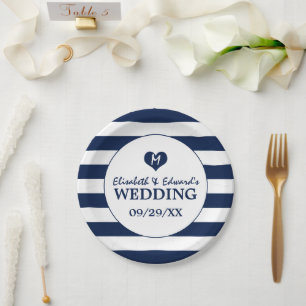 Modern Chic Navy Blue and White Wedding Paper Plate