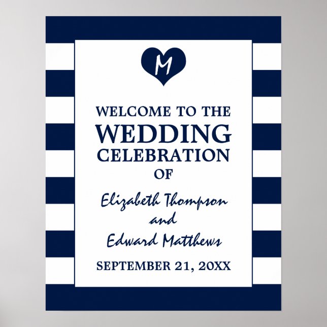 Modern Chic Navy Blue and White Wedding Welcome Poster (Front)
