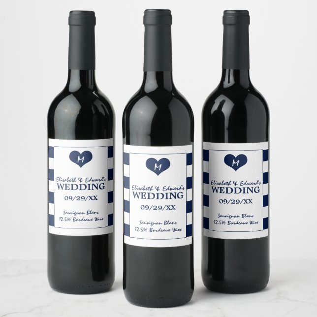 Modern Chic Navy Blue and White Wedding Wine Label (Bottles)