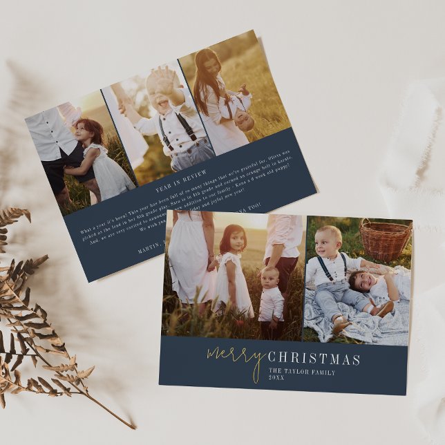Modern Chic Navy Blue Gold Foil Photo Collage News Foil Holiday Card (Creator Uploaded)