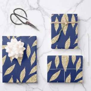 Modern chic navy blue gold glitter leaf watercolor wrapping paper sheet