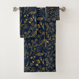Modern Chic Navy Blue Gold Leaves Bath Towel Set