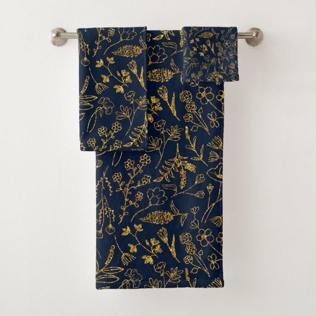 Modern Chic Navy Blue Gold Leaves Bath Towel Set (Insitu)