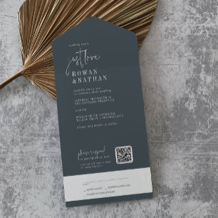 Modern Chic Navy Blue Just Love QR Code Wedding All In One Invitation