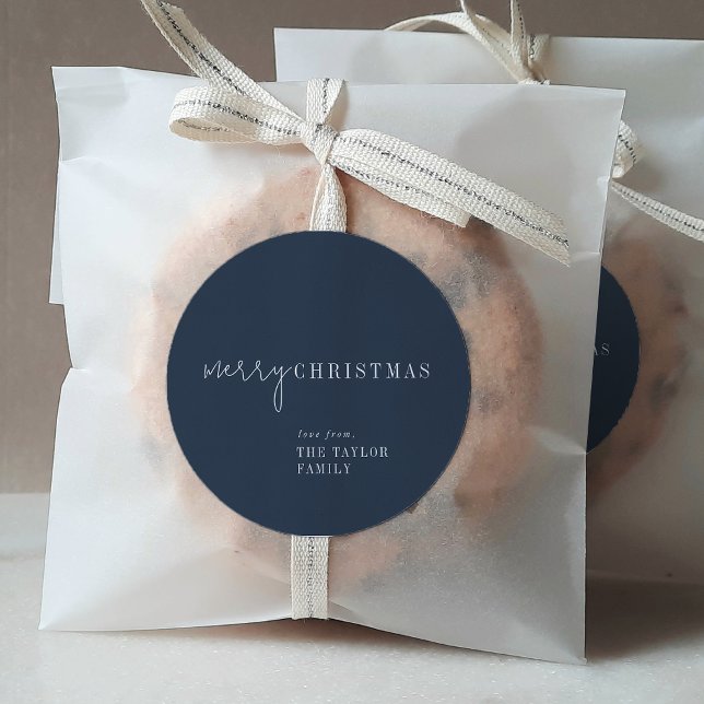 Modern Chic Navy Blue Merry Christmas Holiday Gift Classic Round Sticker (Creator Uploaded)