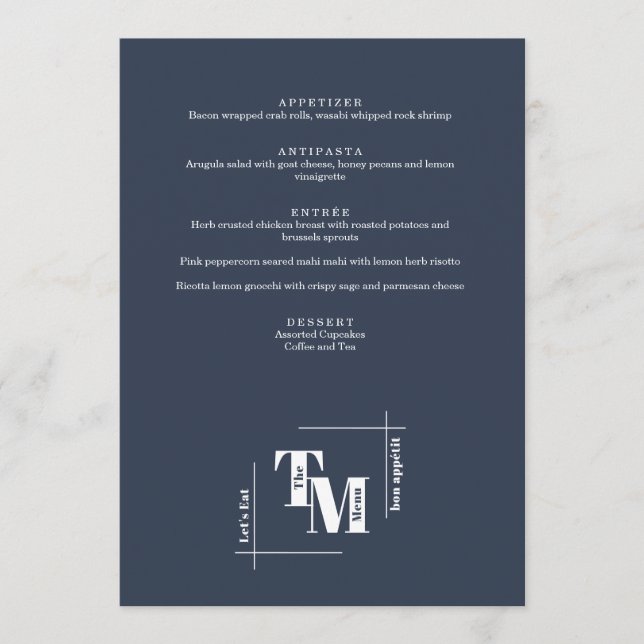 Modern Chic Navy Blue Minimal Wedding Thank You Menu (Front)