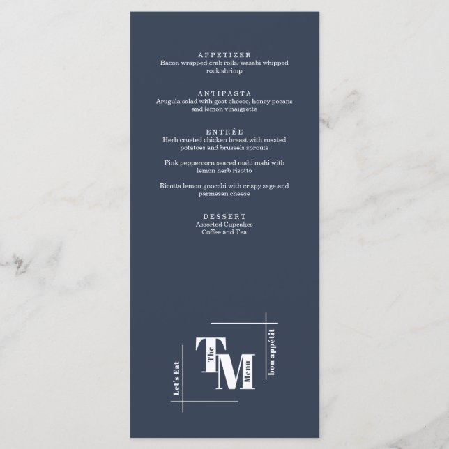 Modern Chic Navy Blue Minimal Wedding Thank You Menu (Front)