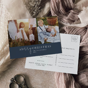 Modern Chic Navy Blue Photo Collage Christmas News Holiday Postcard