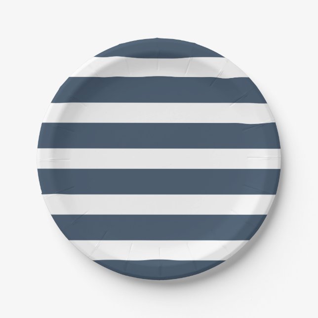 Modern Chic Navy Blue Stripe Birthday Party Paper Plate (Front)