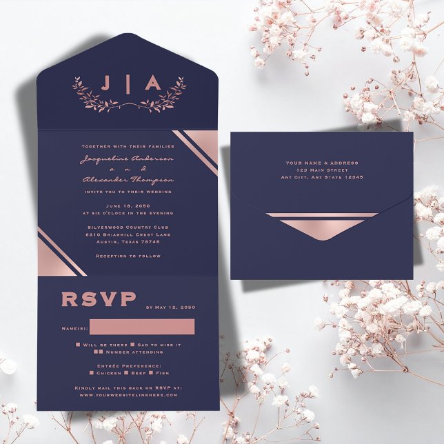 Modern Chic Navy Blue Wedding  All In One Invitation (Modern Chic Navy Blue Wedding All In One Invitation)