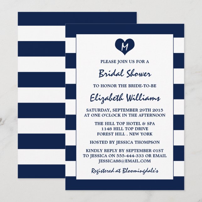 Modern Chic Navy Blue & White Bridal Shower Invitation (Front/Back)