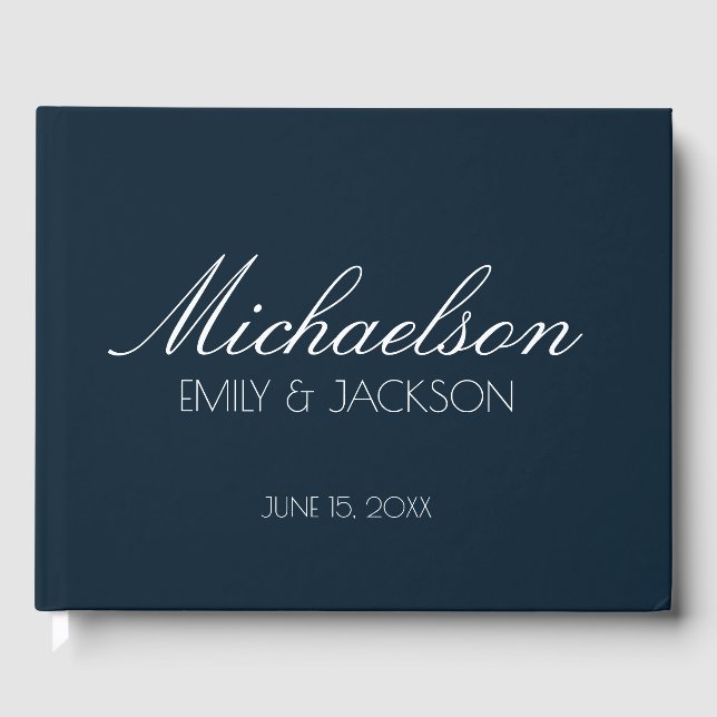 Modern Chic Navy Blue White Script Wedding Guest Book (Front)