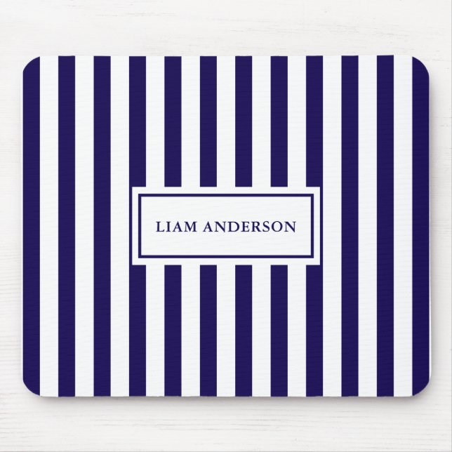 Modern Chic Navy Blue & White Vertical Stripes  Mouse Mat (Front)
